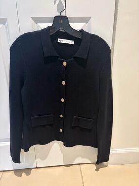 Zara Elegant Navy Knit Cardigan with Gold Accents